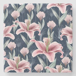 Pink Lilly Flower Seamless Pattern. Stone Coaster
