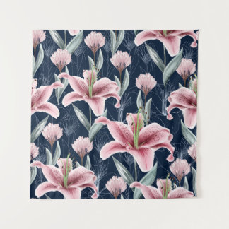 Pink Lilly Flower Seamless Pattern. Tapestry