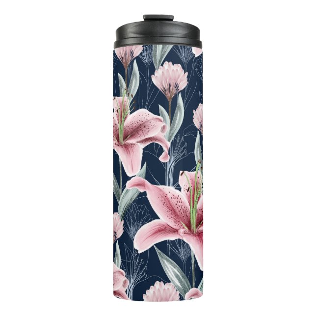 Pink Lilly Flower Seamless Pattern. Thermal Tumbler (Front)