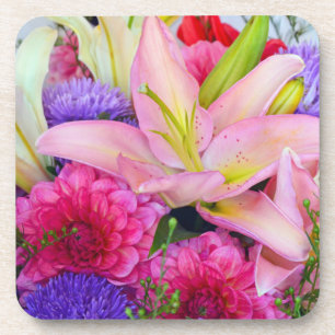Pink lily and dahlia flowers coaster