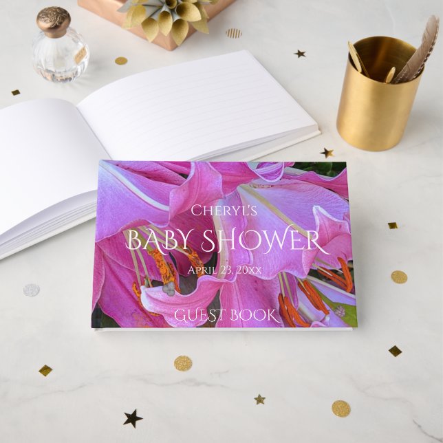 Pink Lily Blooms Floral Girl Baby Shower Guest Book (Front Open)