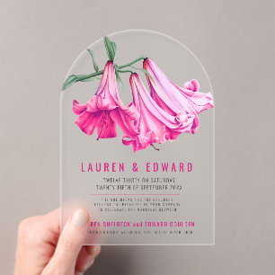 Pink lily botanical art custom photo wedding acrylic invitations