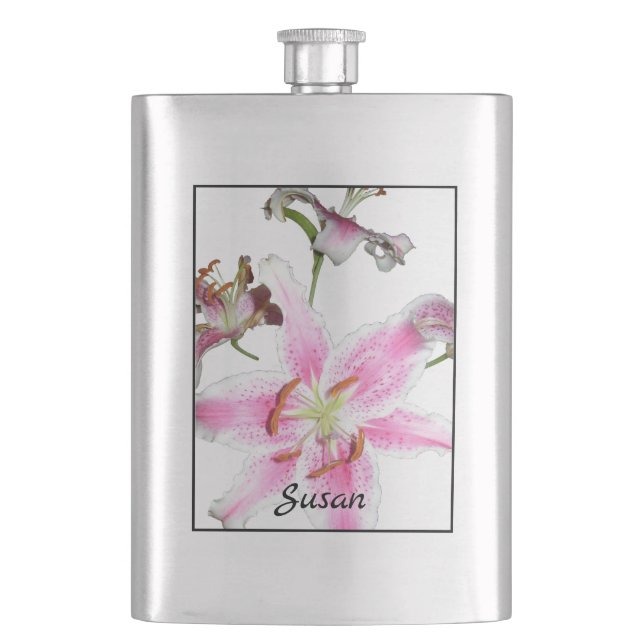 Pink Lily | Delicate Pink Lily Flower on Silver Hip Flask (Front)