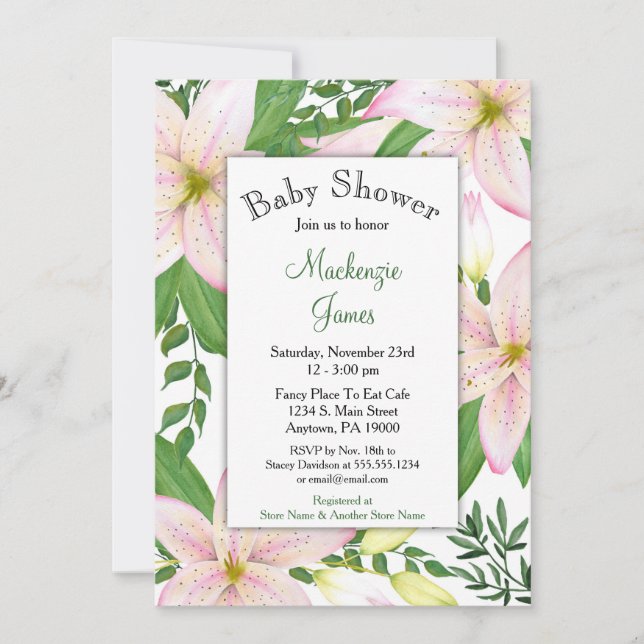 Pink Lily Floral Baby Shower Invitation Girls (Front)