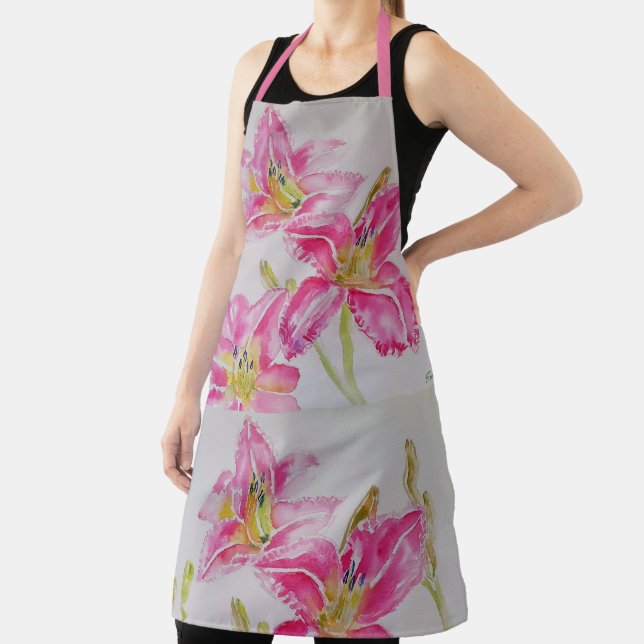 Pink Lily floral Pattern Watercolor Elegant Apron (Insitu)
