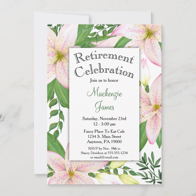 Pink Lily Floral Retirement Invitation (Front)
