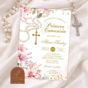 Pink Lily Floral Rosary Spanish Primera Comunion I Invitation