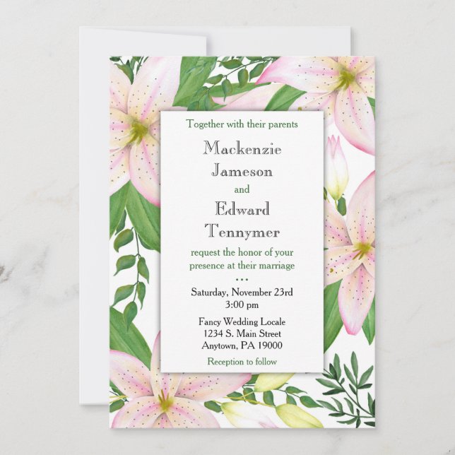 Pink Lily Floral Wedding Invitation Lilies (Front)