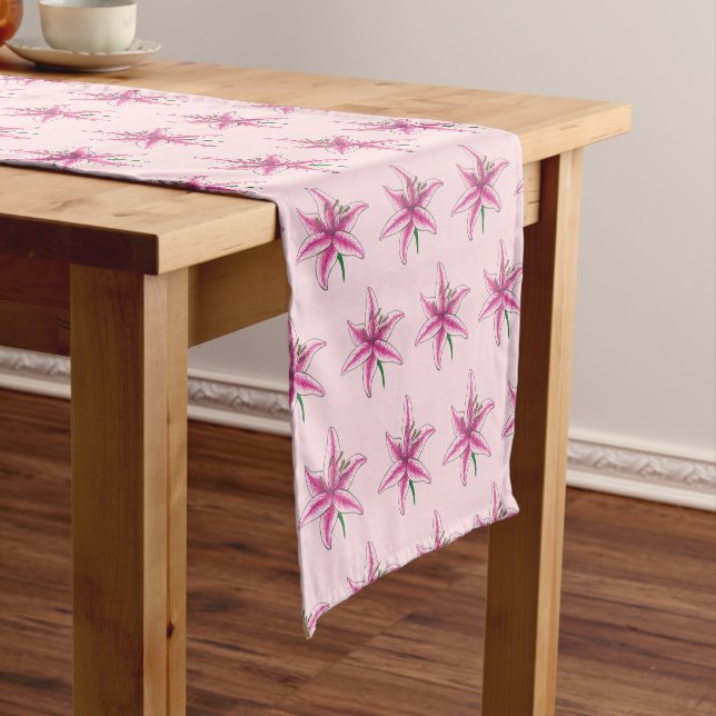 Pink Lily Flower Floral Garden Party Spring Lilies Short Table Runner (In Situ)