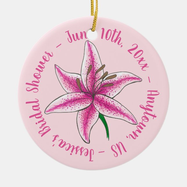 Pink Lily Flower Floral Wedding Bridal Shower Ceramic Tree Decoration (Front)