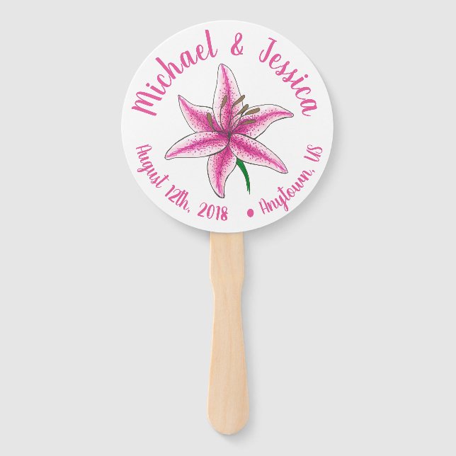 Pink Lily Flower Garden Party Wedding Program Hand Fan (Front)