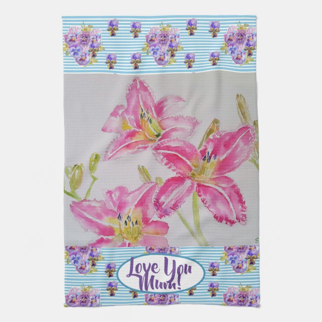 Pink Lily Flower Love You Mom Watercolour Floral  Tea Towel (Vertical)