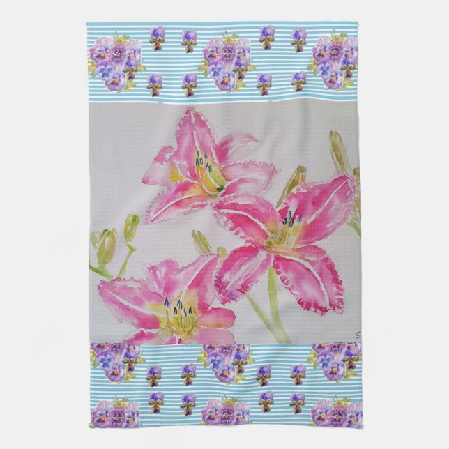 Pink Lily Flower Pink Watercolour Floral Flower Tea Towel (Vertical)