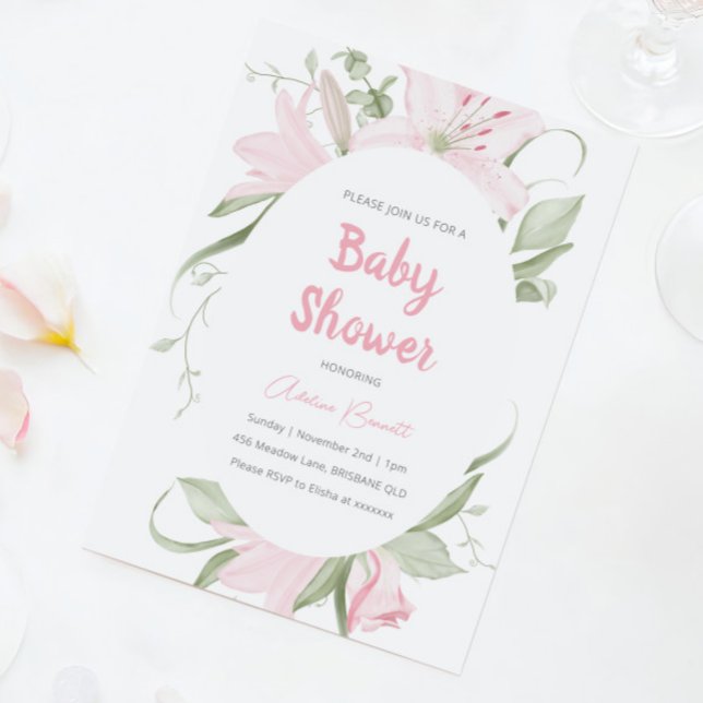Pink Lily Flowers Green Leaves Baby Shower Invitation (Creator Uploaded)