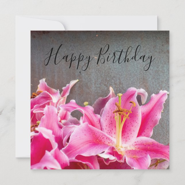 Pink Lily flowers on rustic background  Birthday (Front)