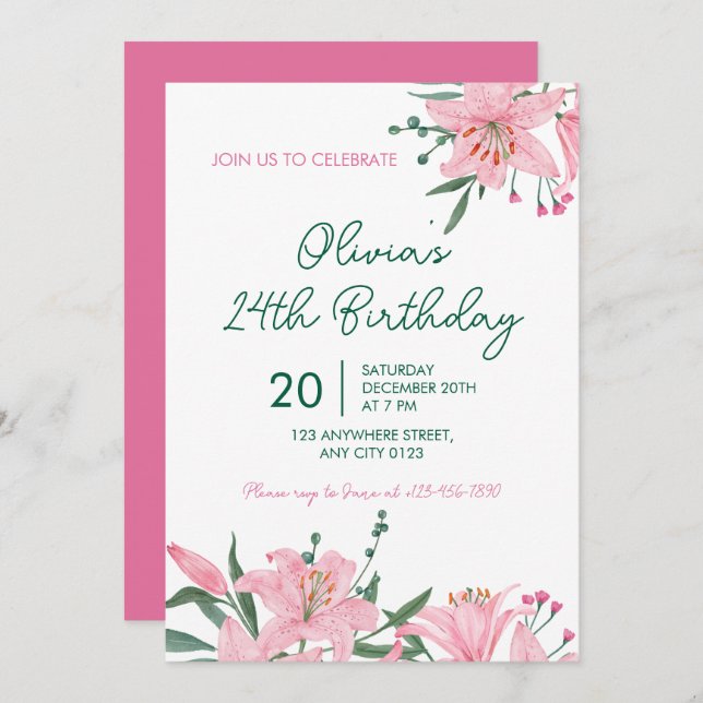 Pink Lily Garden Birthday Party Invitation (Front/Back)