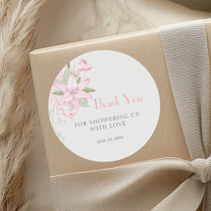 Pink Lily Green Leaves Baby Shower Thank You Classic Round Sticker