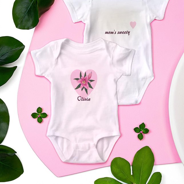 Pink Lily Heart Baby Bodysuit (Pink Lily Heart Baby Bodysuit)