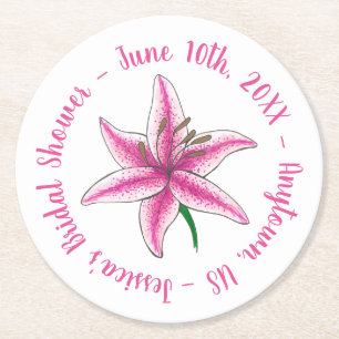 Pink Lily Lilies Flower Floral Personalised Bridal Round Paper Coaster