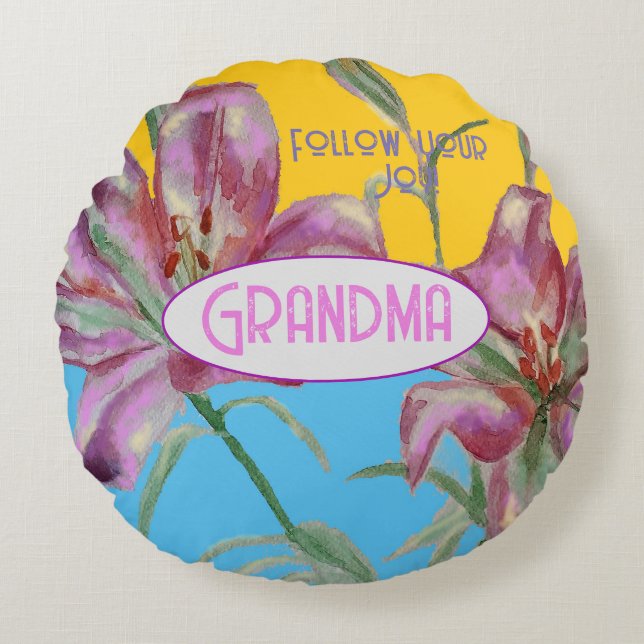 Pink Lily lillies art Grandma Name Decoration Round Cushion (Front)