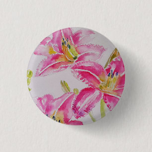 Pink Lily lillies Watercolor Painting Floral 3 Cm Round Badge