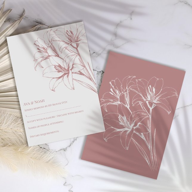 Pink Lily Outline Wedding RSVP Card (Creator Uploaded)