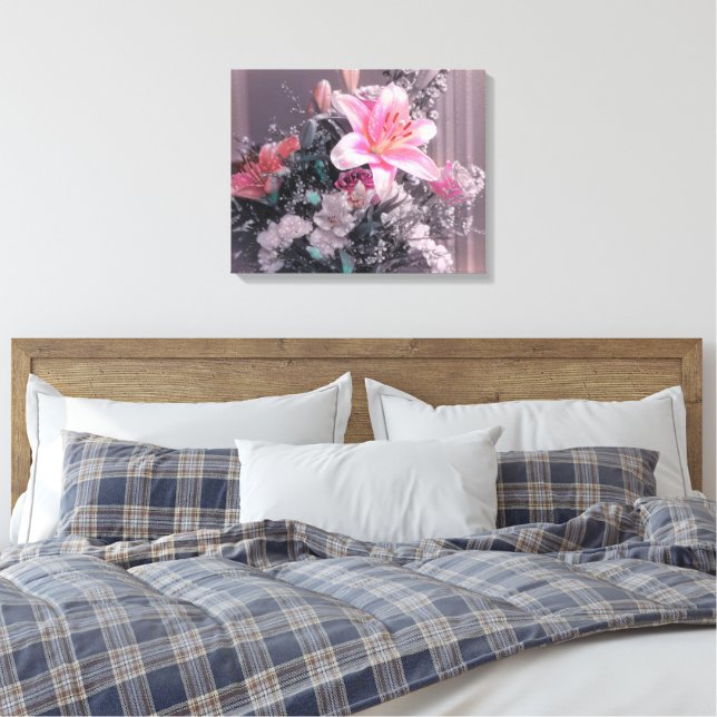 Pink Lily Pearls Bouquet Wrapped Canvas (Insitu(Bedroom))