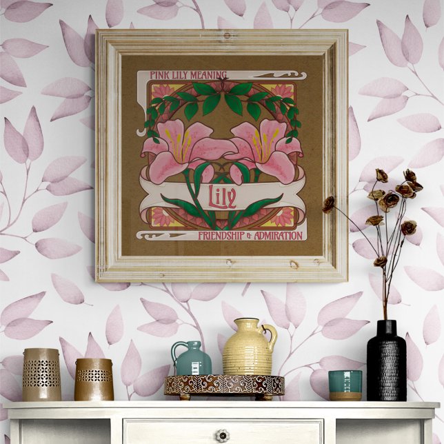Pink Lily Victorian Flowers Friendship Admiration Poster (Pink Lily Flower Meaning Vintage Style Dark Background Poster - Friendship and Admiration)