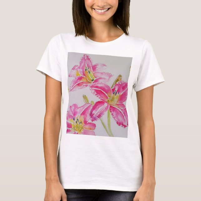 Pink Lily Watercolor floral flowers Womens T Shirt (Front)