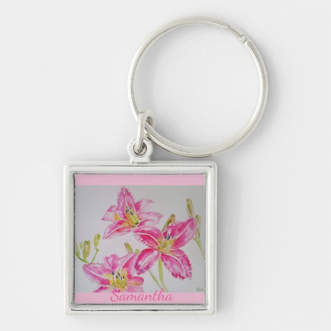 Pink Lily Watercolor floral Journal Key Ring (Front)