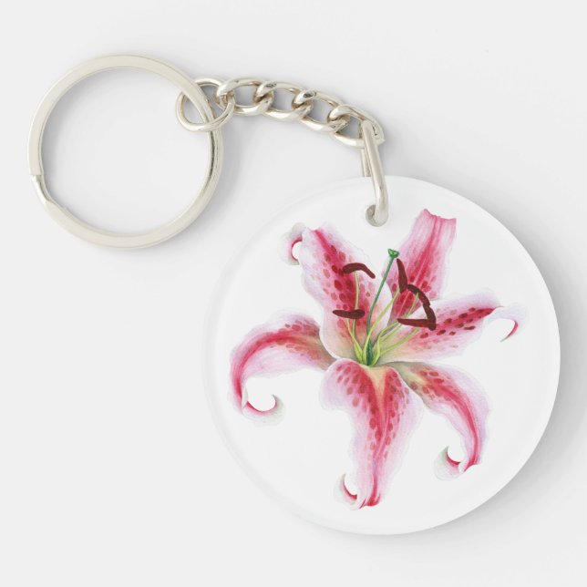 Pink Lily Watercolor Painting Key Ring (Front)