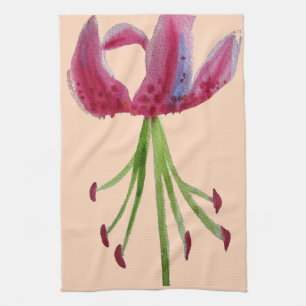 Pink Lily watercolour modern flower floral art Tea Towel