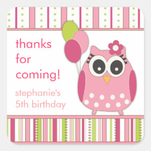 Pink & Lime Girly Owl Birthday Party Favour Square Sticker