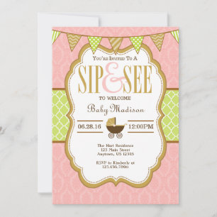 Pink Lime Green Gold Sip And See Invitation