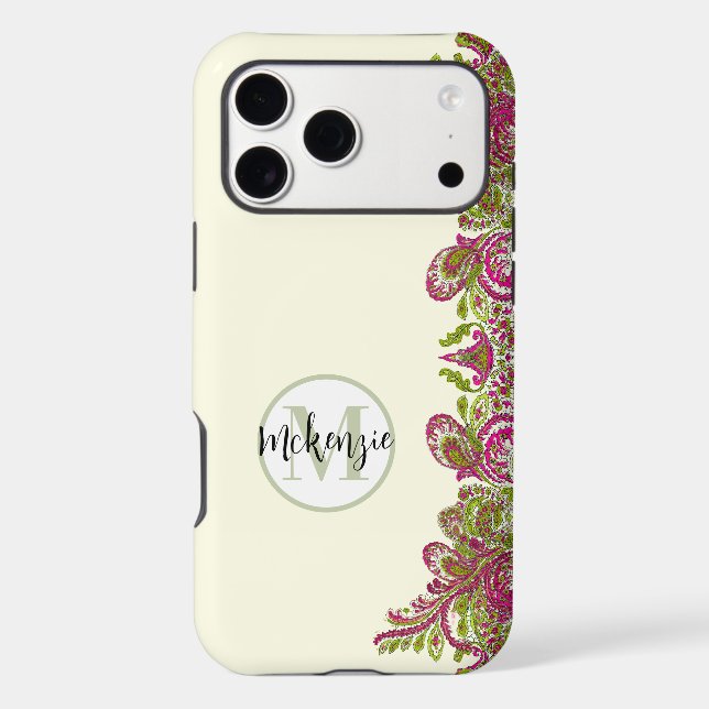 Pink Lime Green Personalised Damask iPhone Cover- (Back)
