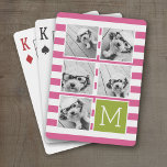 Pink Lime Striped Photo Collage Custom Monogram Playing Cards<br><div class="desc">Background includes an optional stripe Pattern - Use five square photos to create a unique and personal gift. Or you can keep the hipster puppy and make a trendy keepsake. If you need to adjust the pictures,  click on the customise tool to make changes.</div>