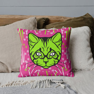 Pink Lime White Black Modern Cat Pattern Custom Cushion