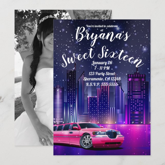 Pink Limo Limousine City Sweet 16 Birthday Photo Invitation (Front/Back)