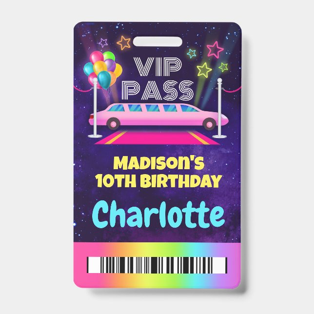 Pink Limo VIP Pass Birthday Lanyard ID Badge (Front)