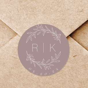 Pink Line Art Botanical Wreath Wedding Monogram Classic Round Sticker