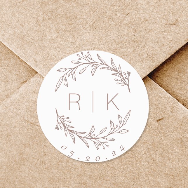 Pink Line Art Botanical Wreath Wedding Monogram Classic Round Sticker (Creator Uploaded)