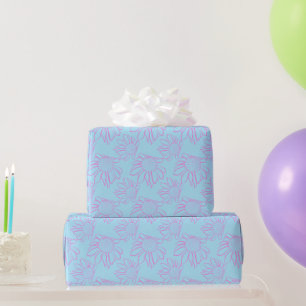 Pink Line Drawn Flower Pattern on Light Blue Wrapping Paper