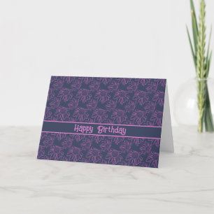 Pink Line Flower Pattern Blue Happy Birthday Card