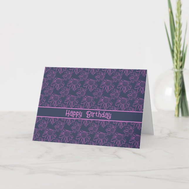Pink Line Flower Pattern Blue Happy Birthday Card (Front)