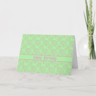 Pink Line Flower Pattern Green Happy Birthday Card