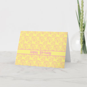 Pink Line Flower Pattern Yellow Happy Birthday Card