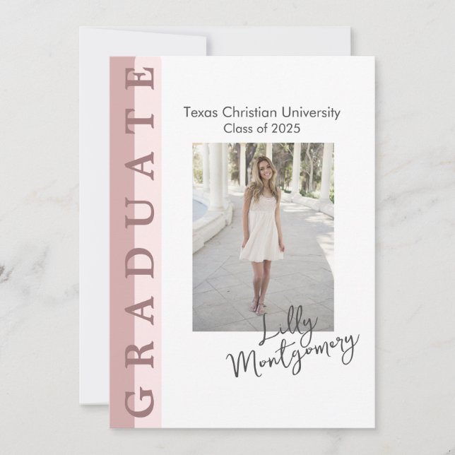 Pink Linear Photo Graduation Announcement Card  (Front)