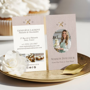 Pink Linen Elegant Chic Bakery Gold Whisk Photo  Business Card