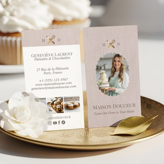 Pink Linen Elegant Chic Bakery Gold Whisk Photo  Business Card (Pink Linen Elegant Chic Bakery Gold Whisk Photo Business Card)