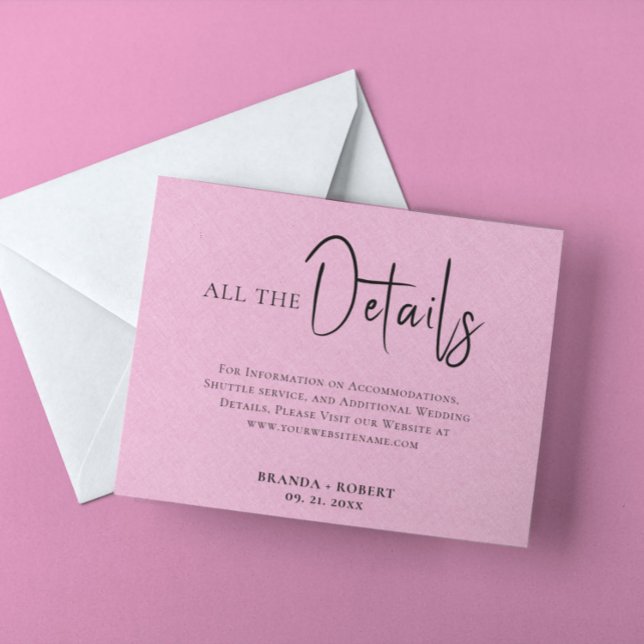 Pink Linen Simple Black Script Wedding Details Invitation (Creator Uploaded)